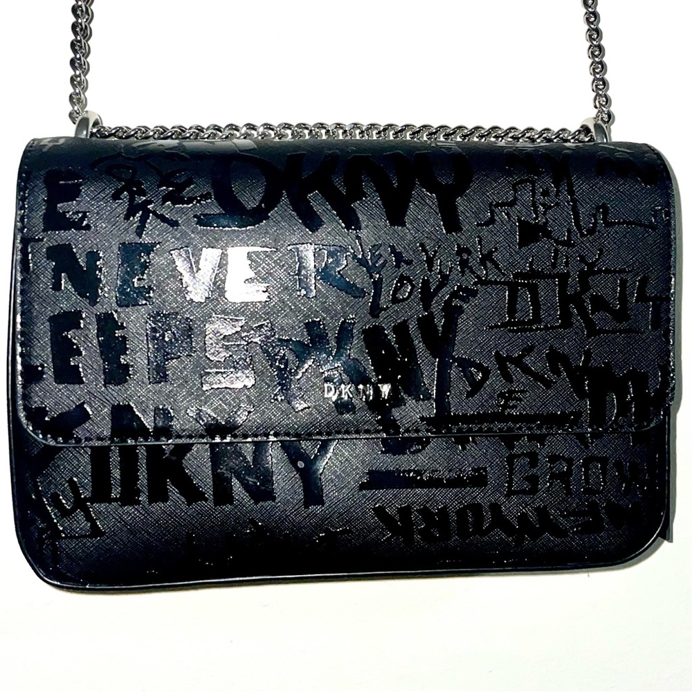 DKNY Sina MD Flap Shoulder Bag Crossbody Handbag with Embossed Logo Graffiti